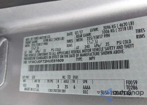 2017 Ford Escape S из США, поврежденный, VIN 1FMCU0F72HUE61609